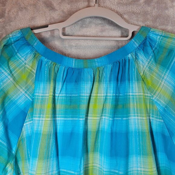 Catherines Plaid Peasant Top Womens 3X Turquoise Green silver Embroidery peasant - Picture 4 of 13